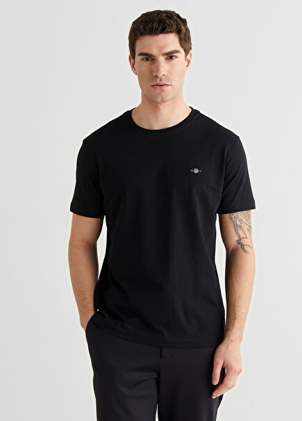 Siyah Logolu Regular Fit Bisiklet Yaka Kısa Kollu Erkek T-shirt