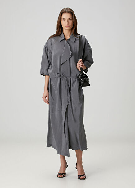 Grey Midi Silk Shirt Dress