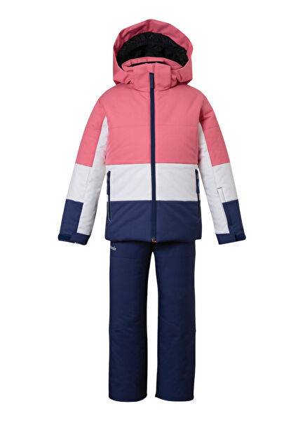 Tricolor Switching Junior Two Piece Pembe Mavi Kız Çocuk Kayak Mont & Pantolon Seti