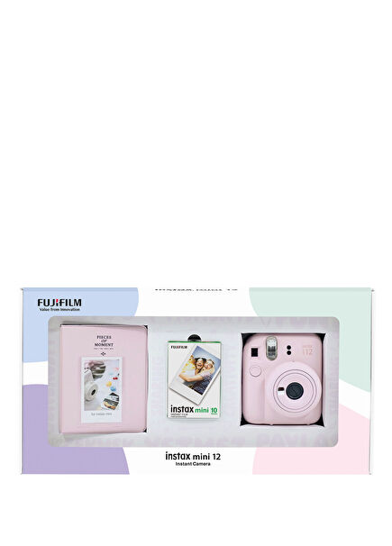Instax Mini 12 Pembe Fotoğraf Makinesi + 10'lu Film ve PVC Albüm Bundle Box