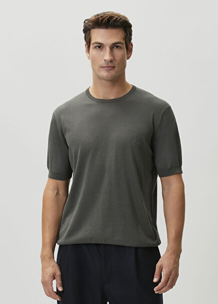 Grey Logo Embroidered Silk T-Shirt