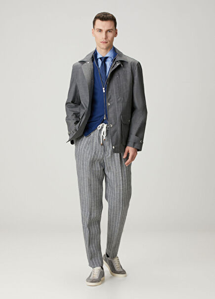 Gri Beli Kordonlu Çizgili Keten Pantolon