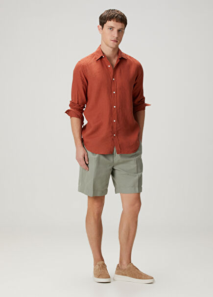 Yeşil Çift Pilili Keten Bermuda