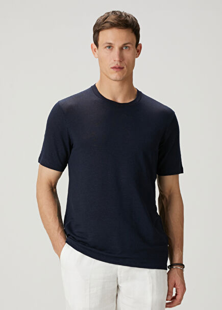 Tailored Fit Navy Blue Linen T-Shirt