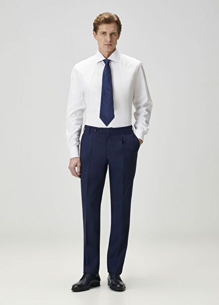 Dark Navy Pleated Wool Trousers