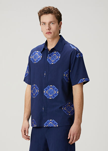 Navy Ethnic Pattern Jacquard Short Sleeve Shirt