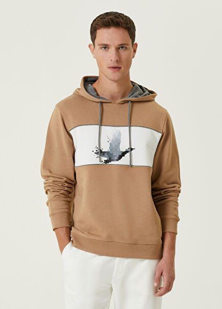 Bej Kapüşonlu Piksel Kaz Baskılı Sweatshirt