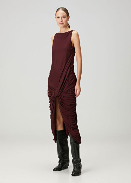 Burgundy Draped Midi Cocktail Dress