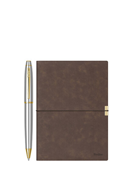 Sd700-B2 Premium Toledo B5 Kahverengi Defter ve 35 Tükenmez Gold Krom Kalem Seti