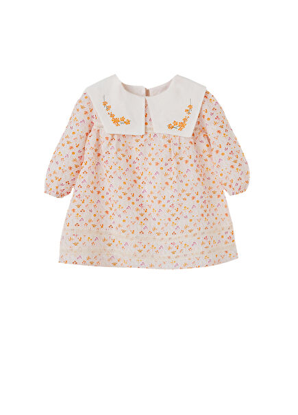 Bloomy Spring Desenli Motif İşlemeli Turuncu Uzun Kollu Kız Çocuk Elbise