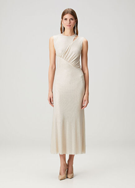 Champagne Embellished Midi Cocktail Dress