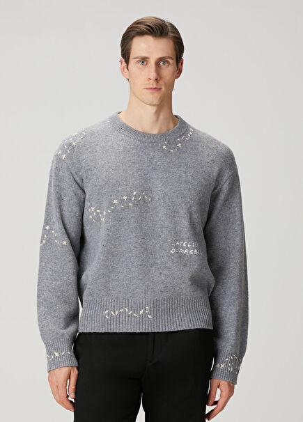 Grey Logo Embroidered Wool Sweater