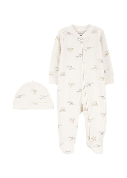 Beyaz Unisex Bebek Tulum ve Şapka 2'li Set