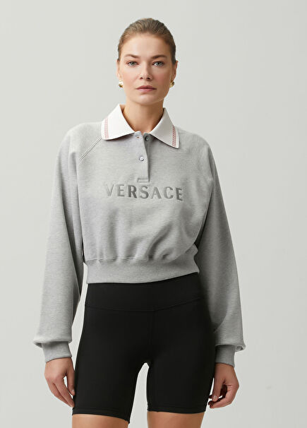 Gri Kontrast Yaka Polo Sweatshirt
