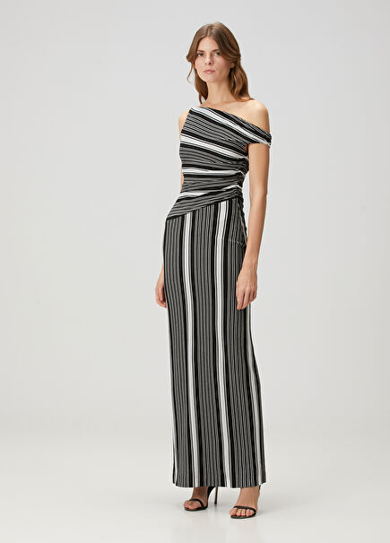 Black Striped One-Shoulder Maxi Dress