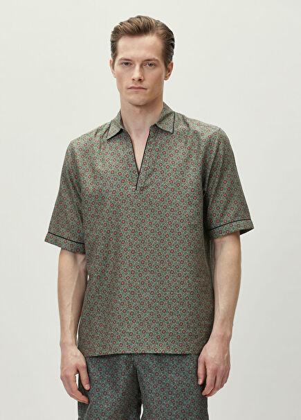 Khaki Ethnic Patterned Short Sleeve Shirt