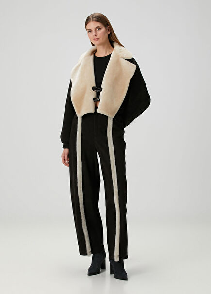 Siyah Shearling Detaylı Süet Pantolon