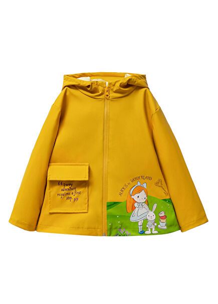 Alice In Wonderland Baskılı Kauçuk Su Geçirmez Pamuk Astarlı Kız Çocuk Yağmurluk