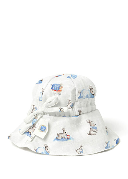 Blue Rabbit Patterned Muslin Baby Boy Hat