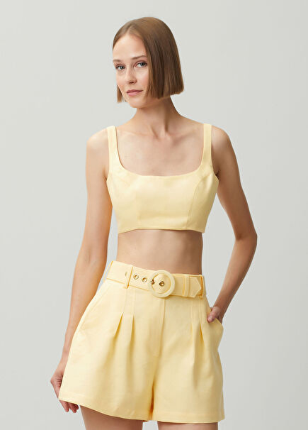Ruth Sarı Crop Keten Bluz