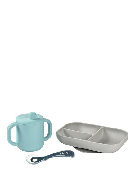 Mavi Bardaklı Bölmeli 4 Parça Yemek Seti