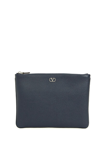 VLogo Navy Blue Men's Leather Hand Clutch