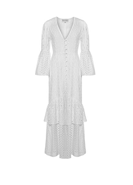 Victoria Brode Önden Yırtmaçlı Çok Katlı Uzun Beyaz Elbise