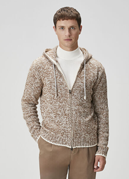 Krem Kapüşonlu Yün Triko Hırka