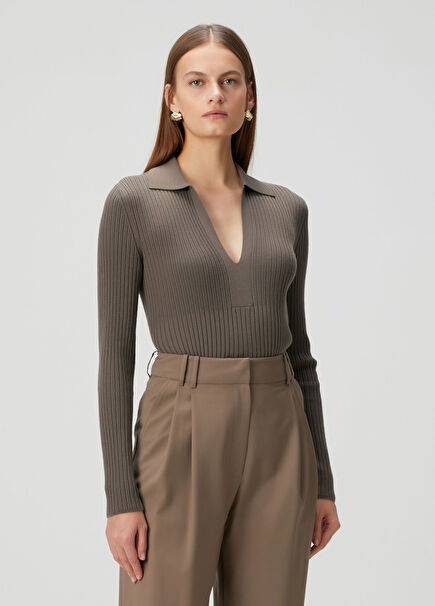 Taupe Wool Polo Sweater
