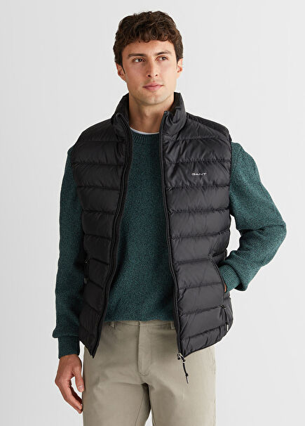 Siyah Regular Fit Dik Yaka Erkek Kaz Tüyü Yelek