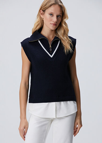 Navy Blue Woven Garnished Wool Blend Sweater