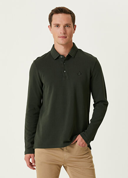 Slim Fit Haki Polo Yaka Sweatshirt