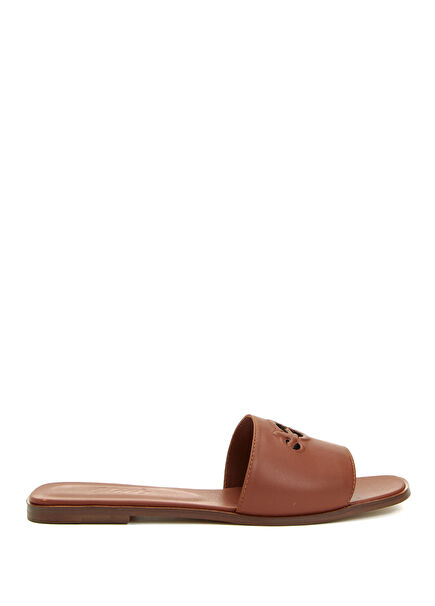 Tan Logo Detailed Women'S Leather Slippers