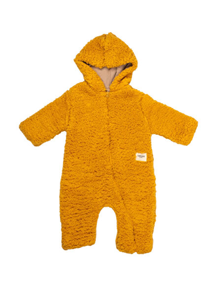 Safran Sarısı Kapüşonlu Unisex Bebek Peluş Tulum