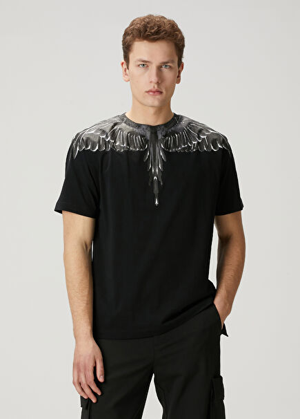 Black White Collar Wing Printed T-Shirt