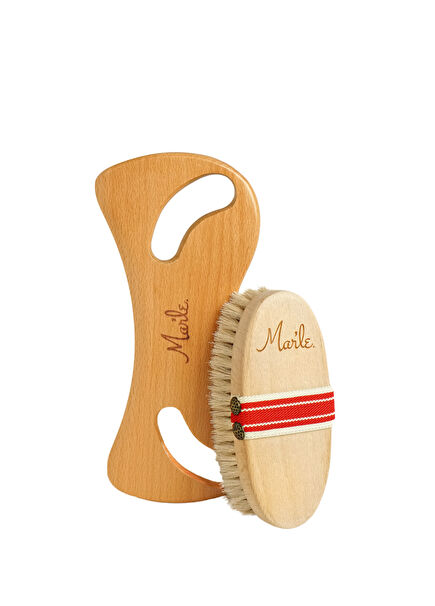 Natural Horsehair Brush and Wooden Cellulite Massager 2-Piece Care Set