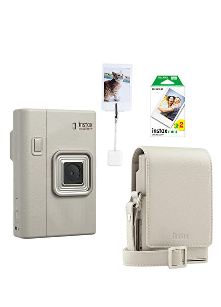 Instax Mini Liplay Plus Sand Beige Fotoğraf Makinesi 20'li Film + Kıskaç ve Deri Çanta Hediye Seti