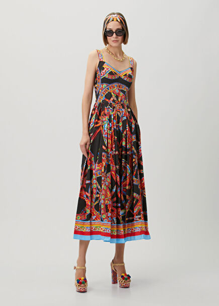 Siyah Desenli Midi Poplin Elbise