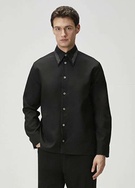Siyah Yakası Troklu Yün Gömlek