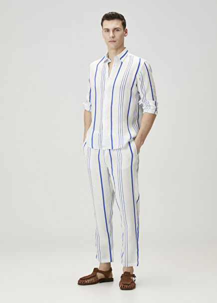 Blue White Striped Linen Trousers