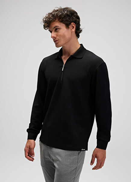 Siyah Polo Yaka Uzun Kollu Erkek Sweatshirt EM601-BK