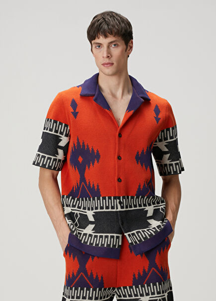 Orange Purple Ethnic Pattern Jacquard Knit Shirt