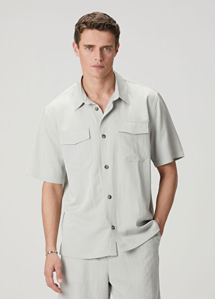 Gri Cepli Oversize Fit Kısa Kollu Gömlek