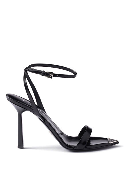 Siyah Fırçalanmış Deri Sivri Burunlu Kadın Topuklu Sandalet