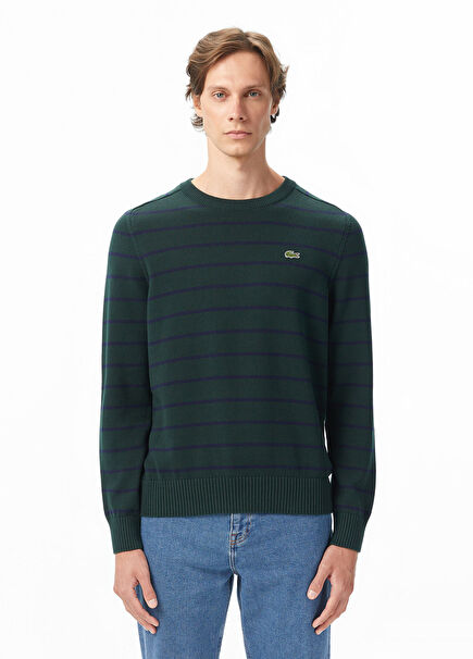 Çizgili Yeşil Bisiklet Yaka Classic Fit Erkek Kazak