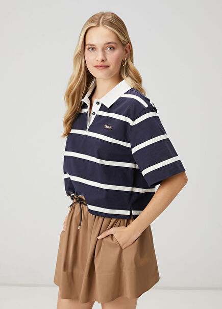 Navy Blue White Striped Polo T-Shirt