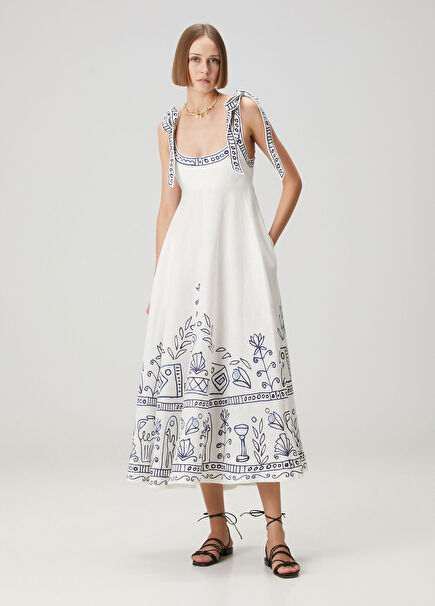 Leela Ballet Beyaz Midi Keten Elbise