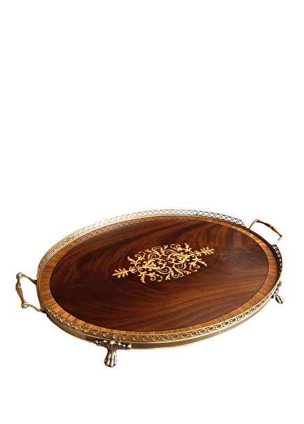 Oval Root Mahogany Tray with Brown Brass Lion Claw and Border