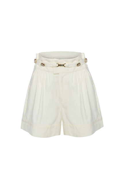 Yüksek Bel Keten Ekru Beyaz Kemerli Şort