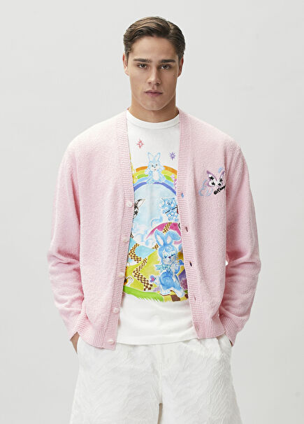 Cartoon Pink Knit Cardigan